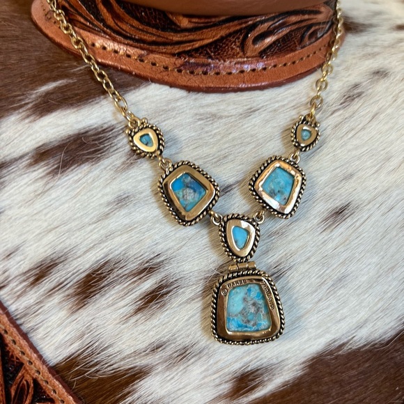 ✨New Genuine Blue Turquoise Stone Pendant Boho Necklace Statement Jewelry Brass - Picture 11 of 13